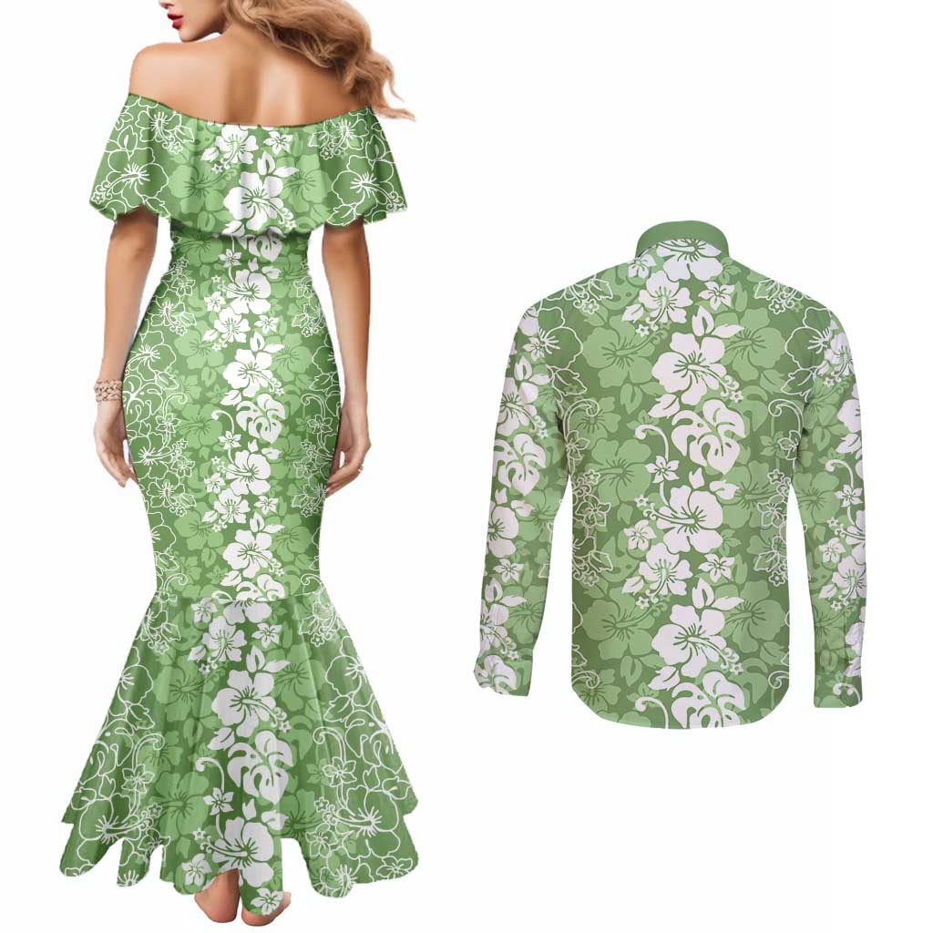 Hawaiian Lei Day Couples Matching Mermaid Dress and Long Sleeve Button Shirt Green Hibiscus Flowers Lei Art LT9 - Polynesian Pride