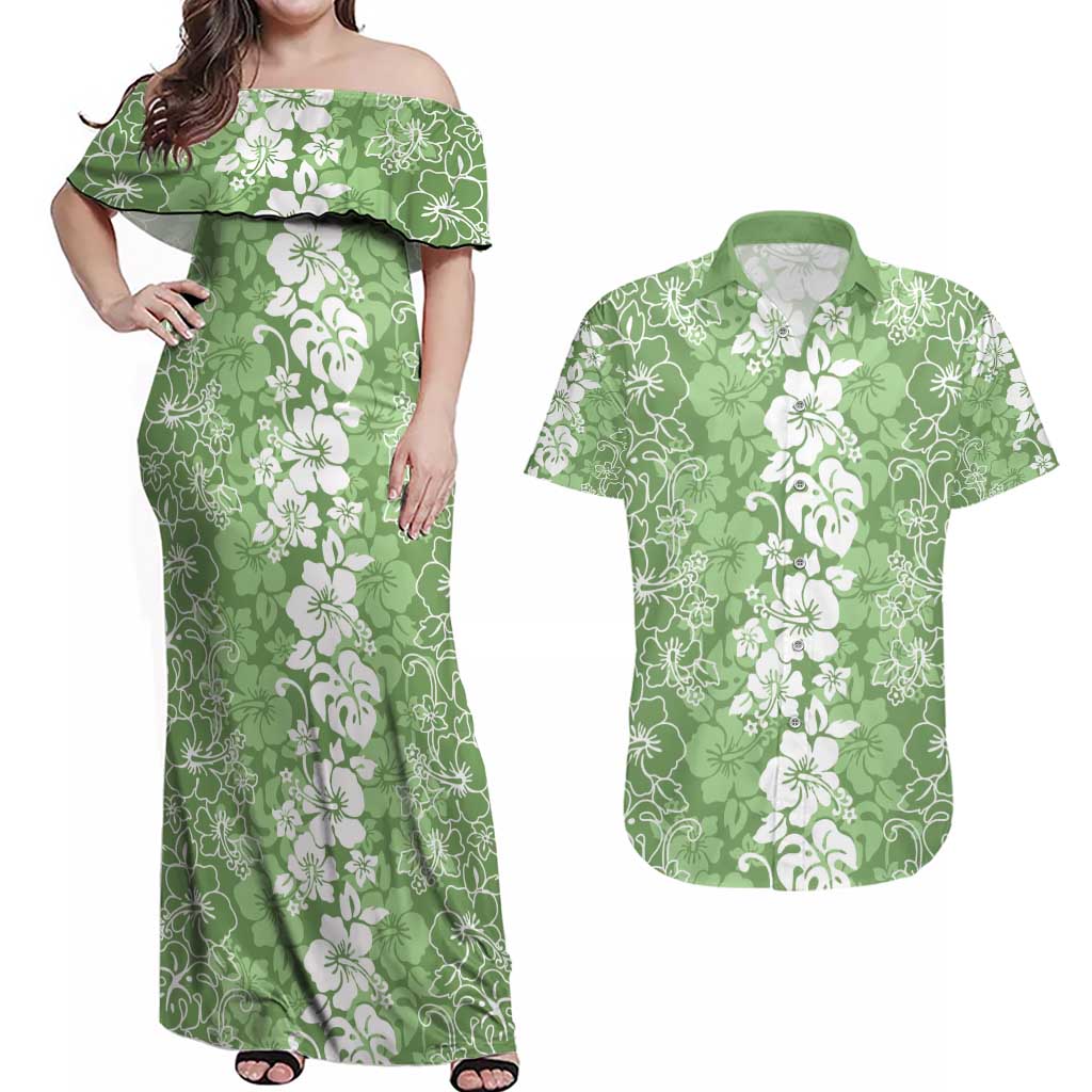 Hawaiian Lei Day Couples Matching Off Shoulder Maxi Dress and Hawaiian Shirt Green Hibiscus Flowers Lei Art LT9 Green - Polynesian Pride