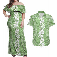 Hawaiian Lei Day Couples Matching Off Shoulder Maxi Dress and Hawaiian Shirt Green Hibiscus Flowers Lei Art LT9 Green - Polynesian Pride