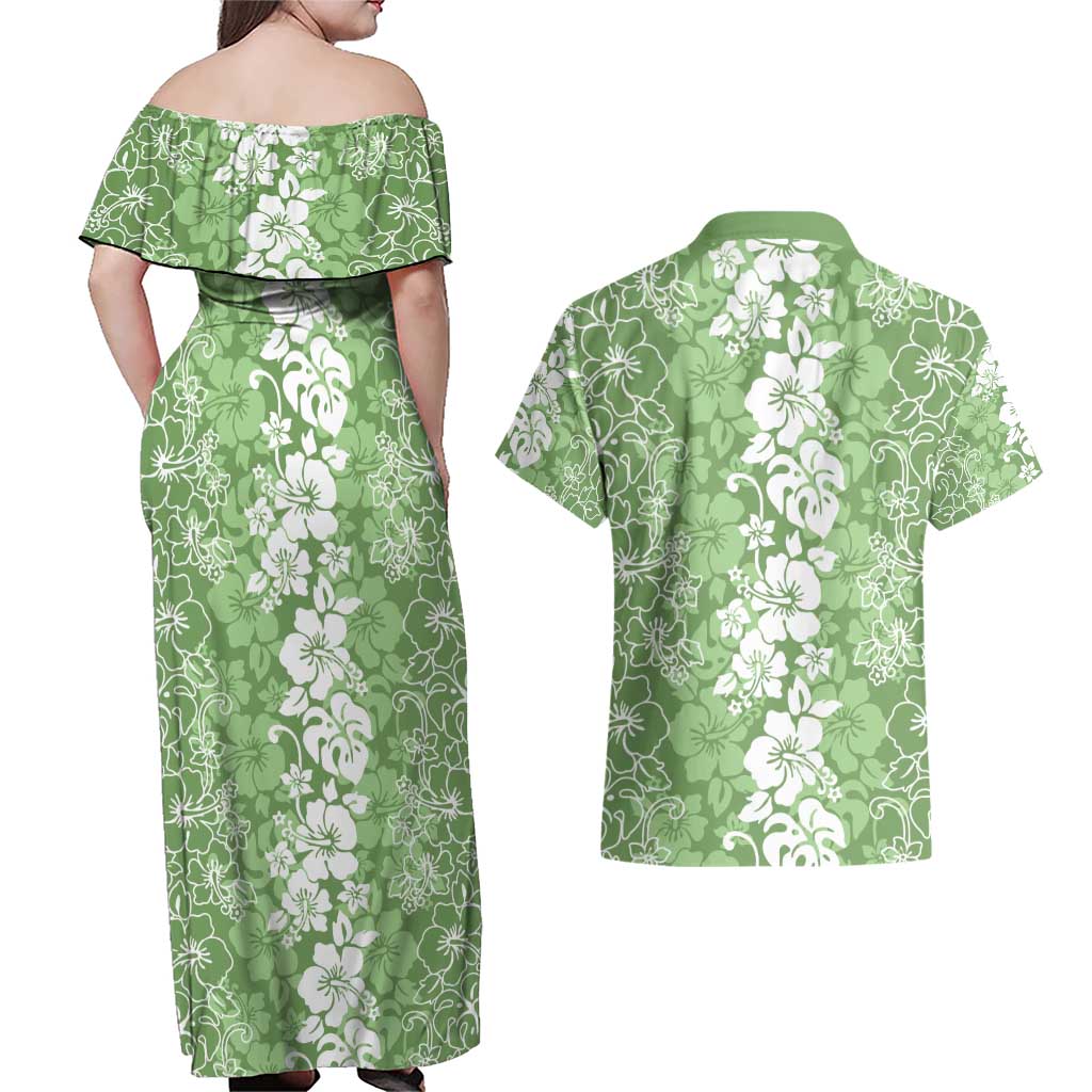Hawaiian Lei Day Couples Matching Off Shoulder Maxi Dress and Hawaiian Shirt Green Hibiscus Flowers Lei Art LT9 - Polynesian Pride