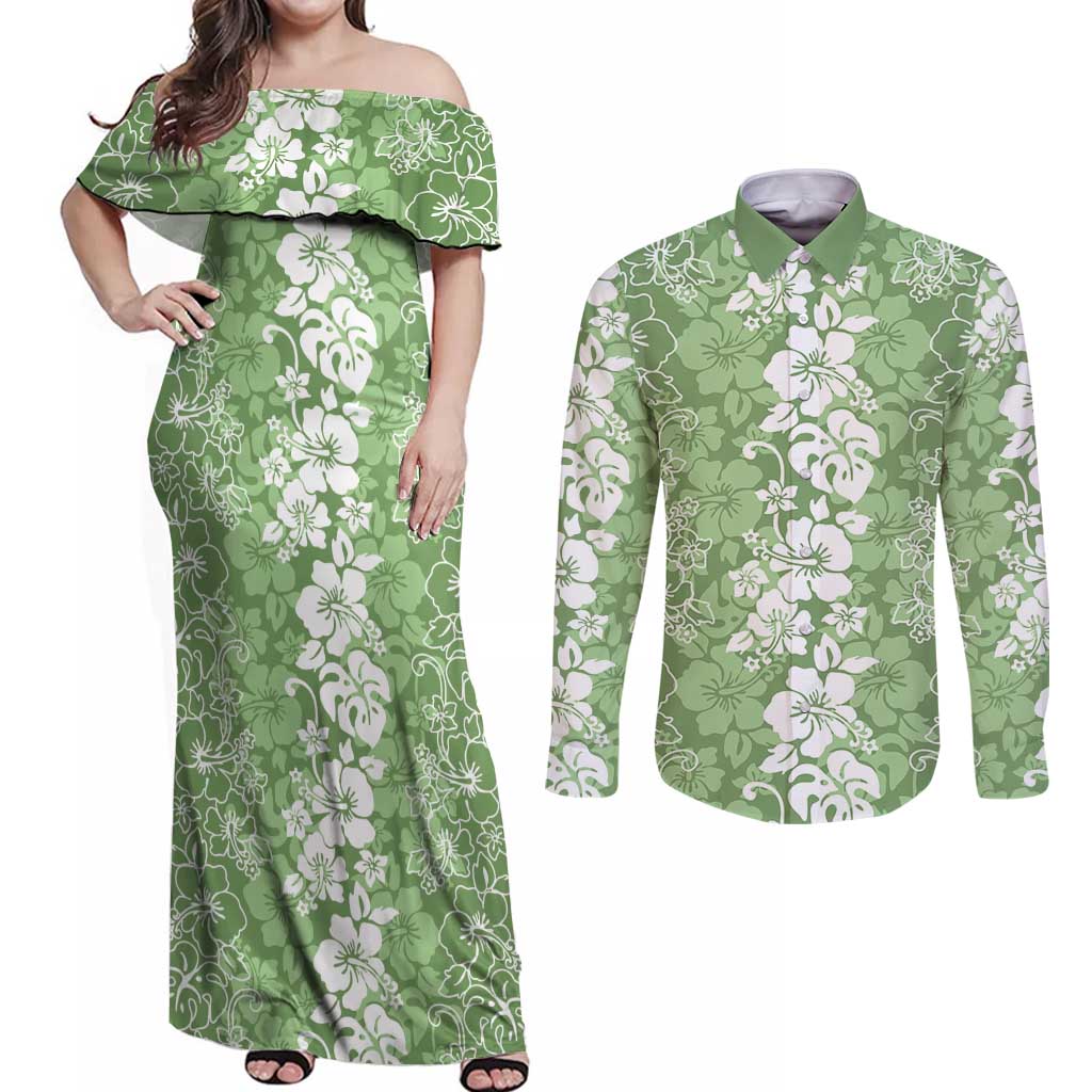 Hawaiian Lei Day Couples Matching Off Shoulder Maxi Dress and Long Sleeve Button Shirt Green Hibiscus Flowers Lei Art LT9 Green - Polynesian Pride