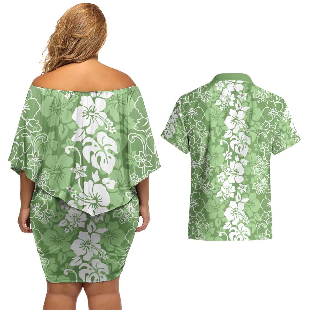 Hawaiian Lei Day Couples Matching Off Shoulder Short Dress and Hawaiian Shirt Green Hibiscus Flowers Lei Art LT9 - Polynesian Pride