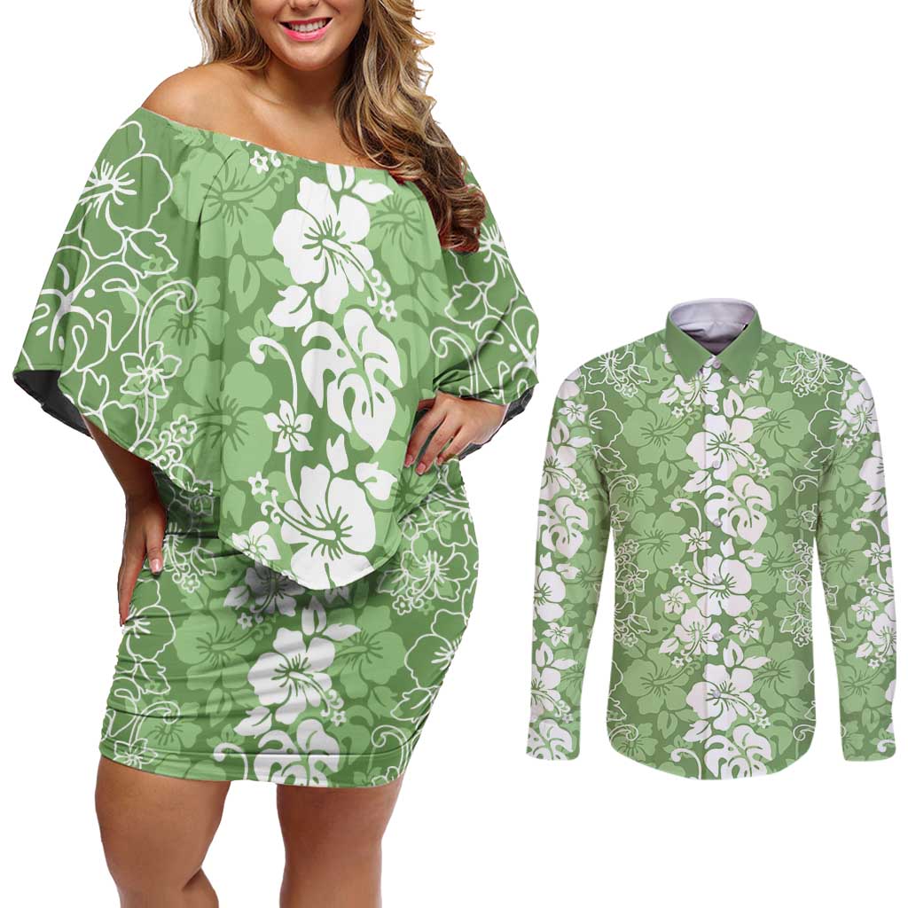 Hawaiian Lei Day Couples Matching Off Shoulder Short Dress and Long Sleeve Button Shirt Green Hibiscus Flowers Lei Art LT9 Green - Polynesian Pride