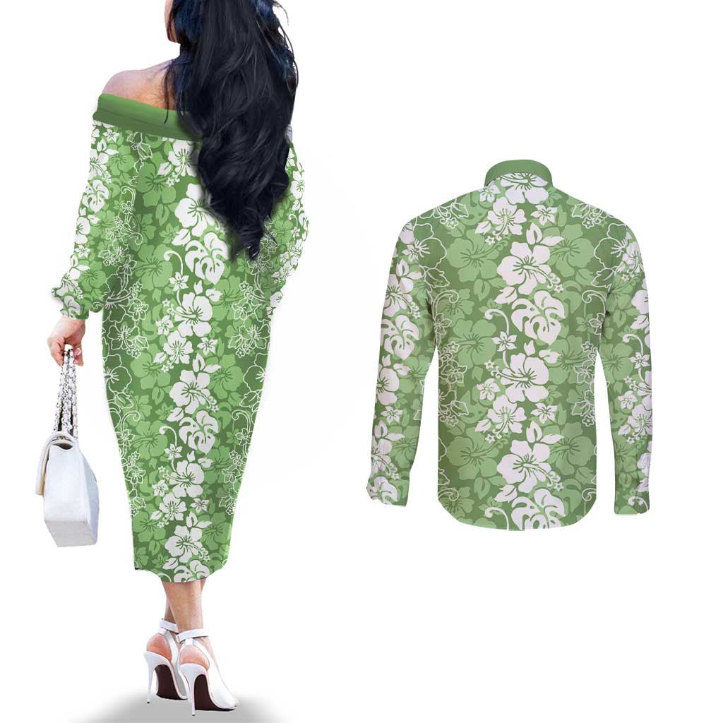 Hawaiian Lei Day Couples Matching Off The Shoulder Long Sleeve Dress and Long Sleeve Button Shirt Green Hibiscus Flowers Lei Art LT9 - Polynesian Pride