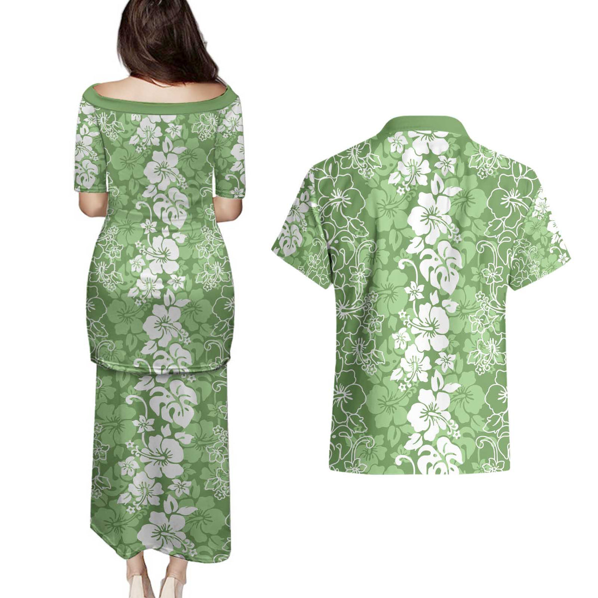 Hawaiian Lei Day Couples Matching Puletasi and Hawaiian Shirt Green Hibiscus Flowers Lei Art LT9 - Polynesian Pride