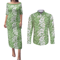 Hawaiian Lei Day Couples Matching Puletasi and Long Sleeve Button Shirt Green Hibiscus Flowers Lei Art LT9 Green - Polynesian Pride