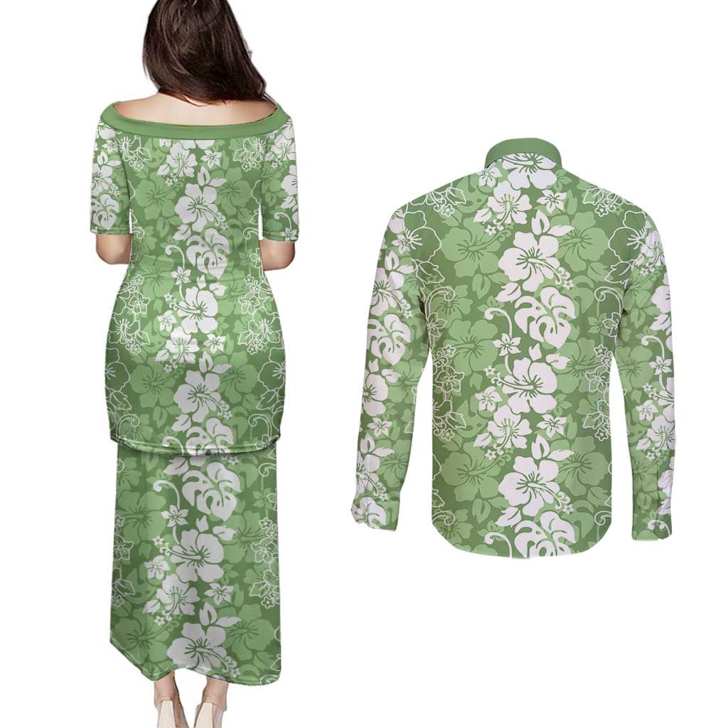 Hawaiian Lei Day Couples Matching Puletasi and Long Sleeve Button Shirt Green Hibiscus Flowers Lei Art LT9 - Polynesian Pride