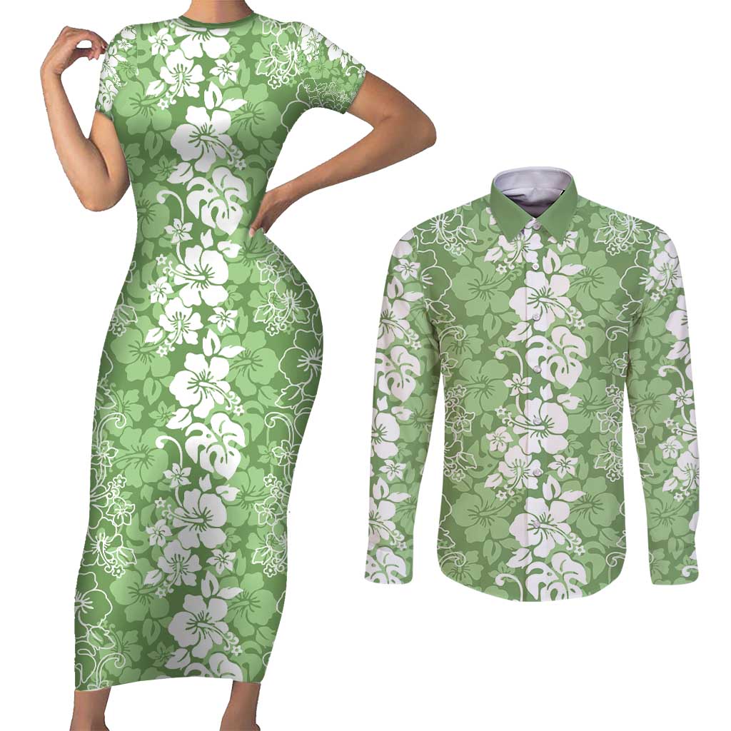 Hawaiian Lei Day Couples Matching Short Sleeve Bodycon Dress and Long Sleeve Button Shirt Green Hibiscus Flowers Lei Art LT9 Green - Polynesian Pride