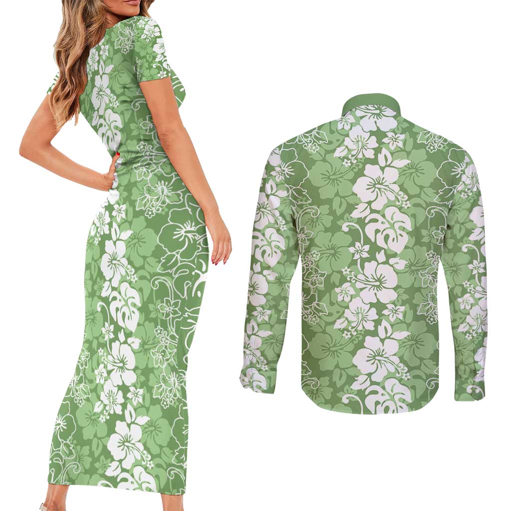 Hawaiian Lei Day Couples Matching Short Sleeve Bodycon Dress and Long Sleeve Button Shirt Green Hibiscus Flowers Lei Art LT9 - Polynesian Pride