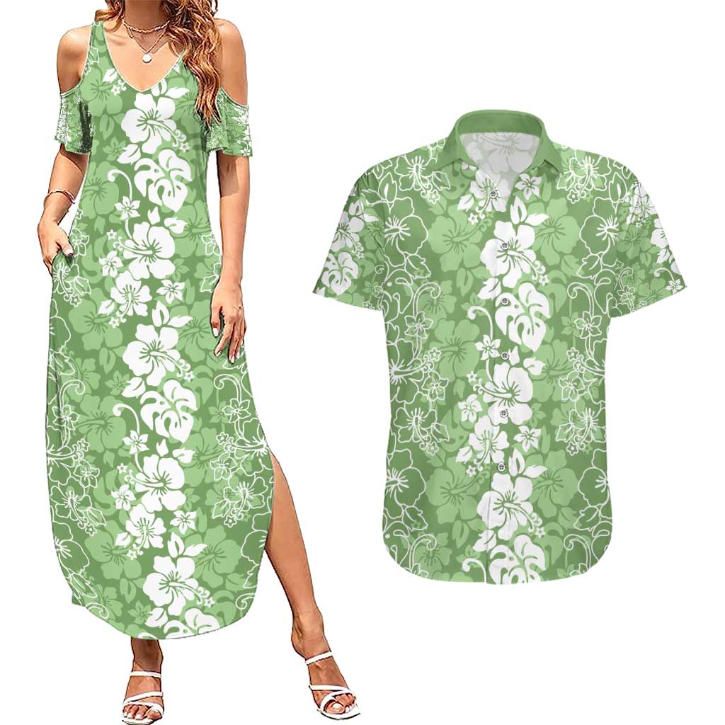 Hawaiian Lei Day Couples Matching Summer Maxi Dress and Hawaiian Shirt Green Hibiscus Flowers Lei Art LT9 Green - Polynesian Pride