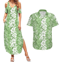 Hawaiian Lei Day Couples Matching Summer Maxi Dress and Hawaiian Shirt Green Hibiscus Flowers Lei Art LT9 Green - Polynesian Pride