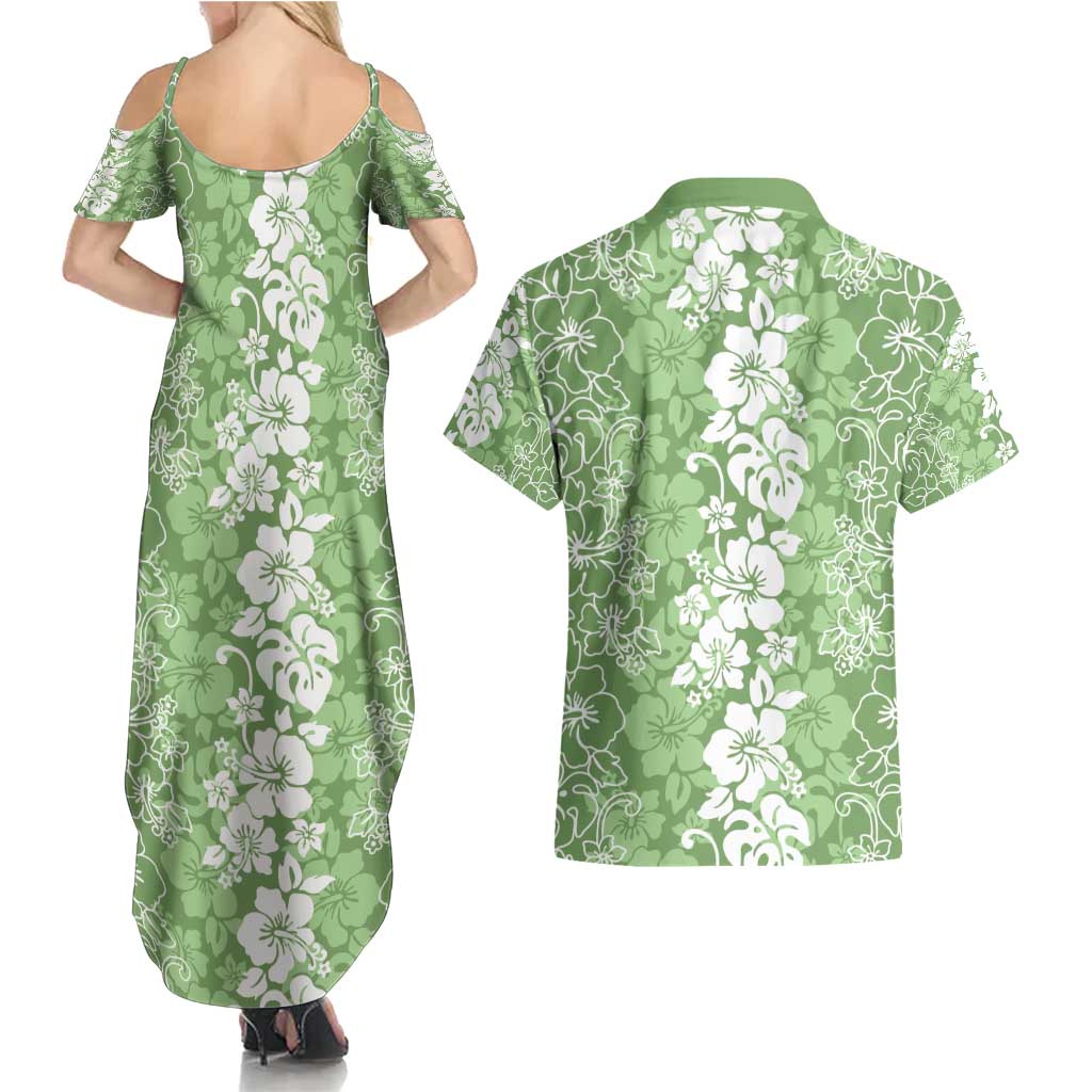 Hawaiian Lei Day Couples Matching Summer Maxi Dress and Hawaiian Shirt Green Hibiscus Flowers Lei Art LT9 - Polynesian Pride