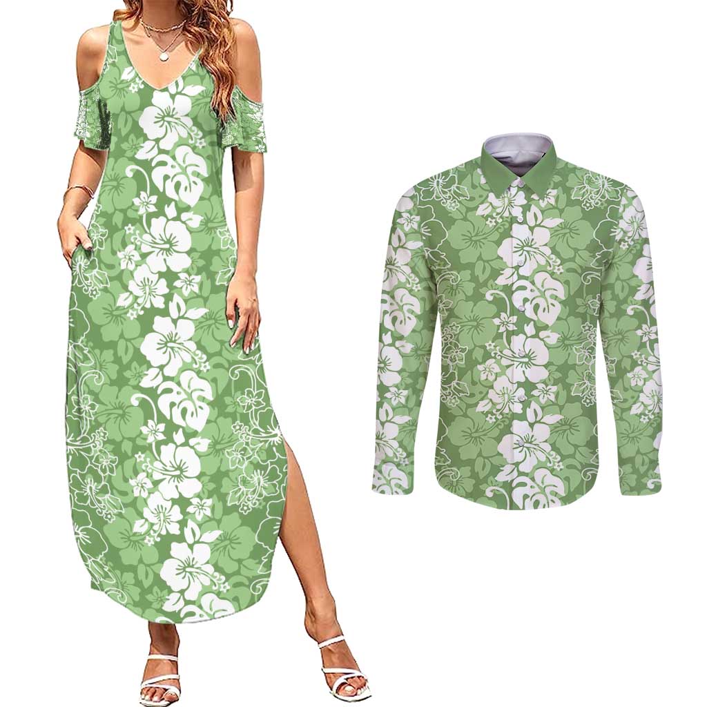 Hawaiian Lei Day Couples Matching Summer Maxi Dress and Long Sleeve Button Shirt Green Hibiscus Flowers Lei Art LT9 Green - Polynesian Pride