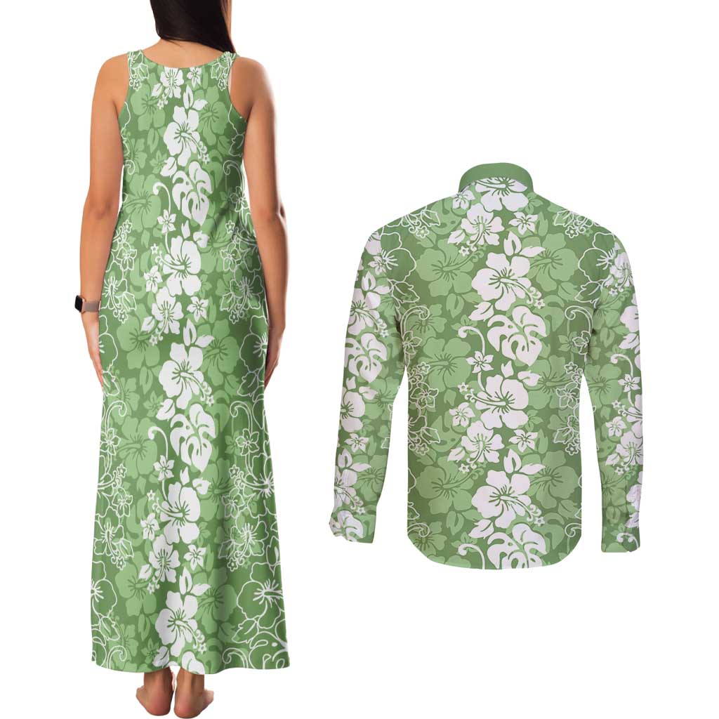 Hawaiian Lei Day Couples Matching Tank Maxi Dress and Long Sleeve Button Shirt Green Hibiscus Flowers Lei Art LT9 - Polynesian Pride