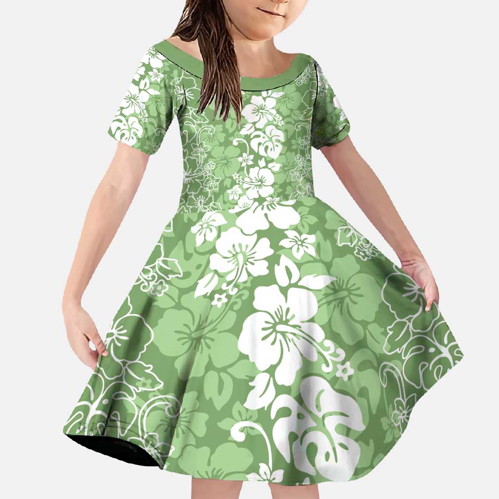 Hawaiian Lei Day Family Matching Long Sleeve Bodycon Dress and Hawaiian Shirt Green Hibiscus Flowers Lei Art LT9 Daughter's Dress Green - Polynesian Pride