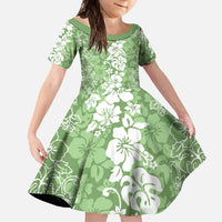 Hawaiian Lei Day Family Matching Long Sleeve Bodycon Dress and Hawaiian Shirt Green Hibiscus Flowers Lei Art LT9 Daughter's Dress Green - Polynesian Pride