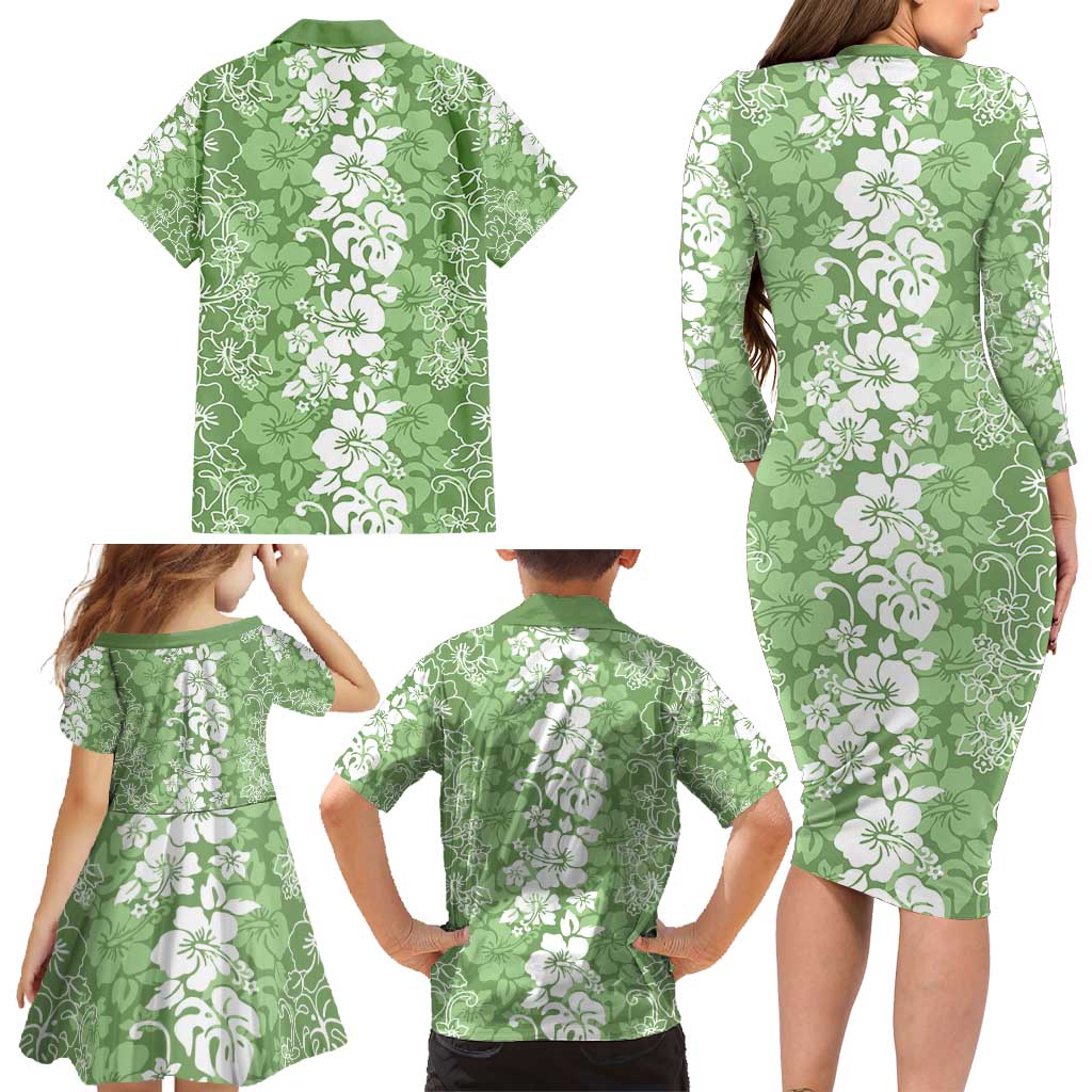 Hawaiian Lei Day Family Matching Long Sleeve Bodycon Dress and Hawaiian Shirt Green Hibiscus Flowers Lei Art LT9 - Polynesian Pride