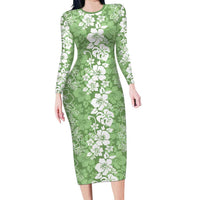 Hawaiian Lei Day Family Matching Long Sleeve Bodycon Dress and Hawaiian Shirt Green Hibiscus Flowers Lei Art LT9 Mom's Dress Green - Polynesian Pride