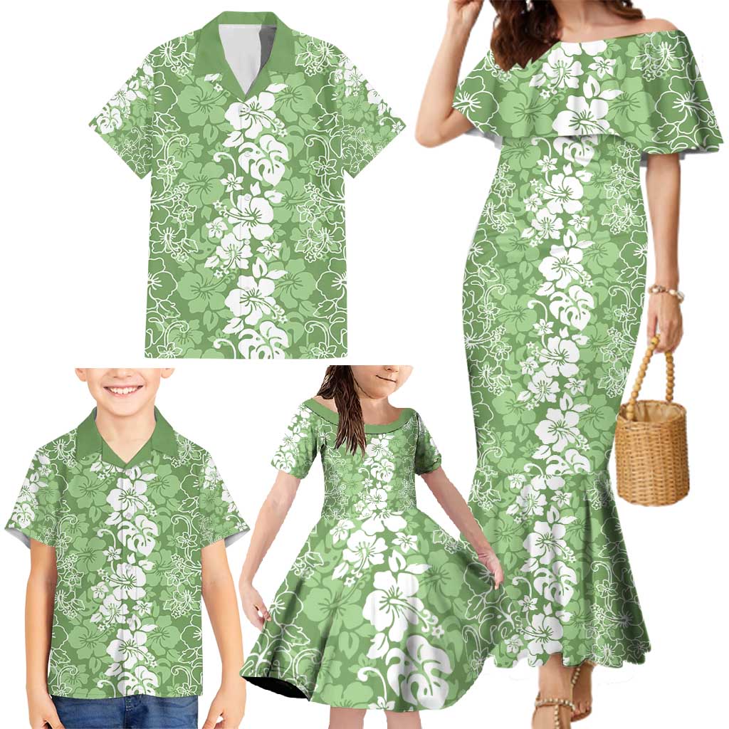 Hawaiian Lei Day Family Matching Mermaid Dress and Hawaiian Shirt Green Hibiscus Flowers Lei Art LT9 - Polynesian Pride