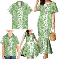 Hawaiian Lei Day Family Matching Mermaid Dress and Hawaiian Shirt Green Hibiscus Flowers Lei Art LT9 - Polynesian Pride