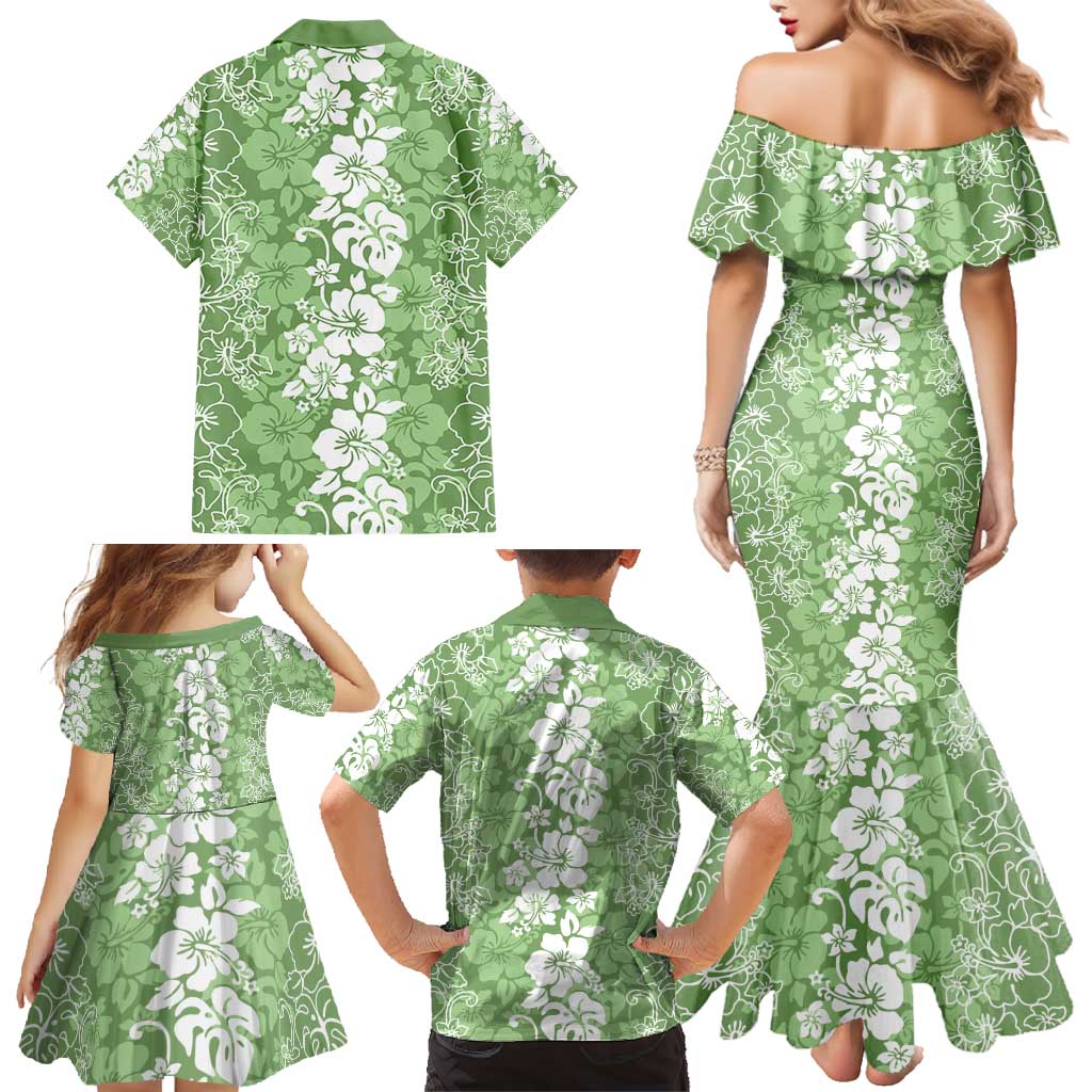 Hawaiian Lei Day Family Matching Mermaid Dress and Hawaiian Shirt Green Hibiscus Flowers Lei Art LT9 - Polynesian Pride