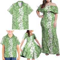 Hawaiian Lei Day Family Matching Off Shoulder Maxi Dress and Hawaiian Shirt Green Hibiscus Flowers Lei Art LT9 - Polynesian Pride