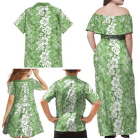 Hawaiian Lei Day Family Matching Off Shoulder Maxi Dress and Hawaiian Shirt Green Hibiscus Flowers Lei Art LT9 - Polynesian Pride