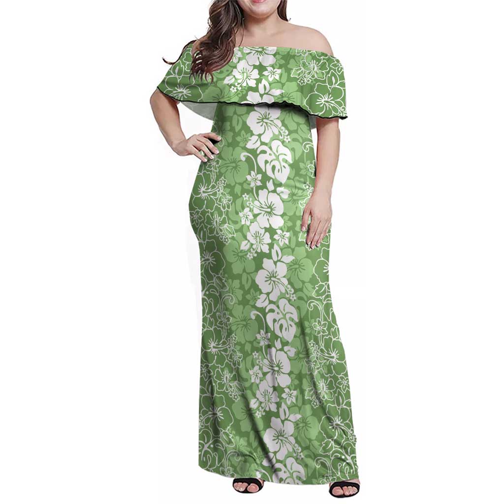 Hawaiian Lei Day Family Matching Off Shoulder Maxi Dress and Hawaiian Shirt Green Hibiscus Flowers Lei Art LT9 Mom's Dress Green - Polynesian Pride