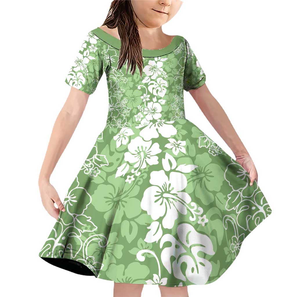 Hawaiian Lei Day Family Matching Off Shoulder Short Dress and Hawaiian Shirt Green Hibiscus Flowers Lei Art LT9 Daughter's Dress Green - Polynesian Pride