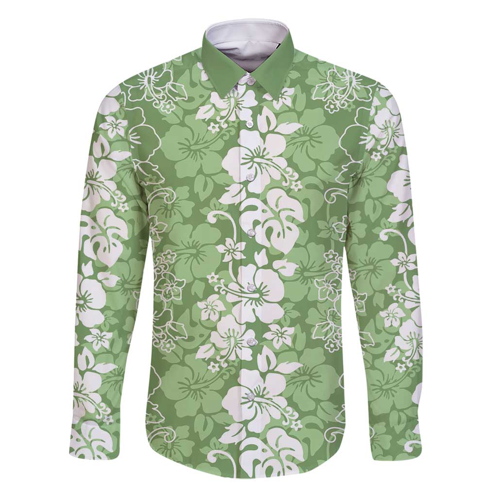 Hawaiian Lei Day Family Matching Off Shoulder Short Dress and Hawaiian Shirt Green Hibiscus Flowers Lei Art LT9 Dad's Shirt - Long Sleeve Green - Polynesian Pride