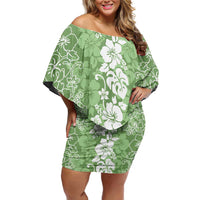Hawaiian Lei Day Family Matching Off Shoulder Short Dress and Hawaiian Shirt Green Hibiscus Flowers Lei Art LT9 Mom's Dress Green - Polynesian Pride