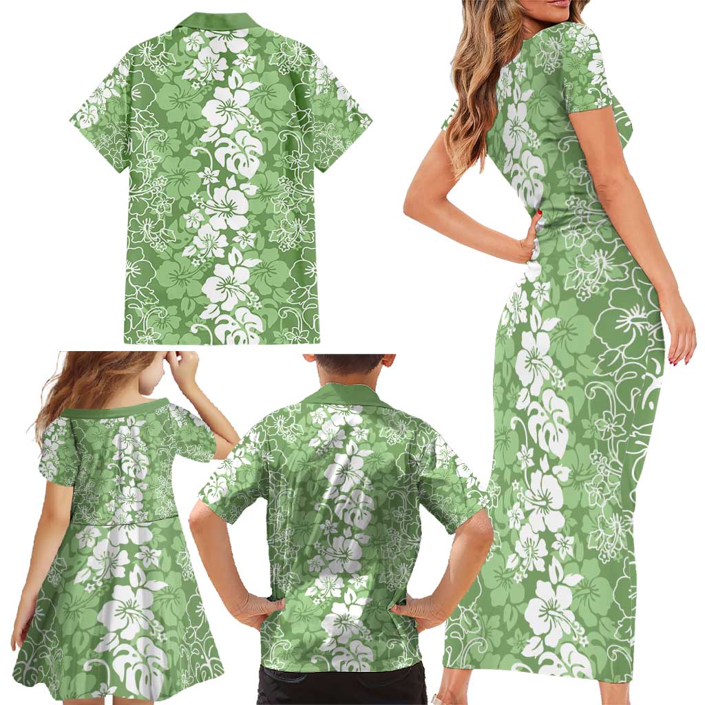 Hawaiian Lei Day Family Matching Short Sleeve Bodycon Dress and Hawaiian Shirt Green Hibiscus Flowers Lei Art LT9 - Polynesian Pride