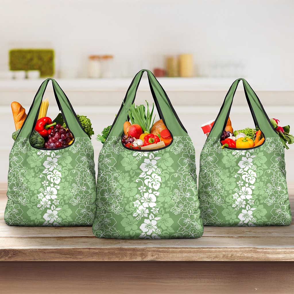 Hawaiian Lei Day Grocery Bag Green Hibiscus Flowers Lei Art