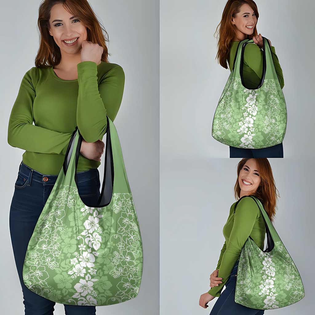 Hawaiian Lei Day Grocery Bag Green Hibiscus Flowers Lei Art