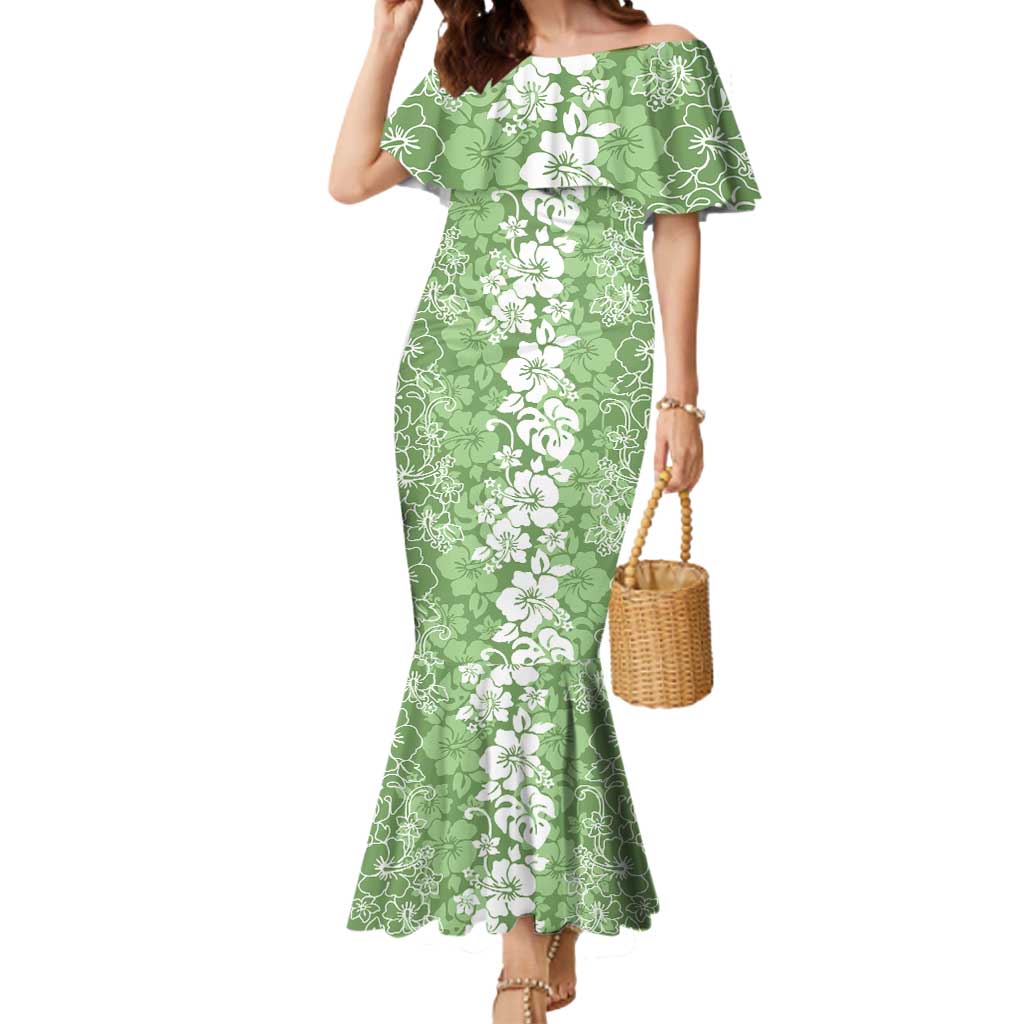 Hawaiian Lei Day Mermaid Dress Green Hibiscus Flowers Lei Art