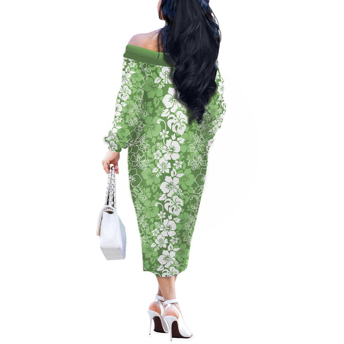 Hawaiian Lei Day Off The Shoulder Long Sleeve Dress Green Hibiscus Flowers Lei Art LT9 - Polynesian Pride