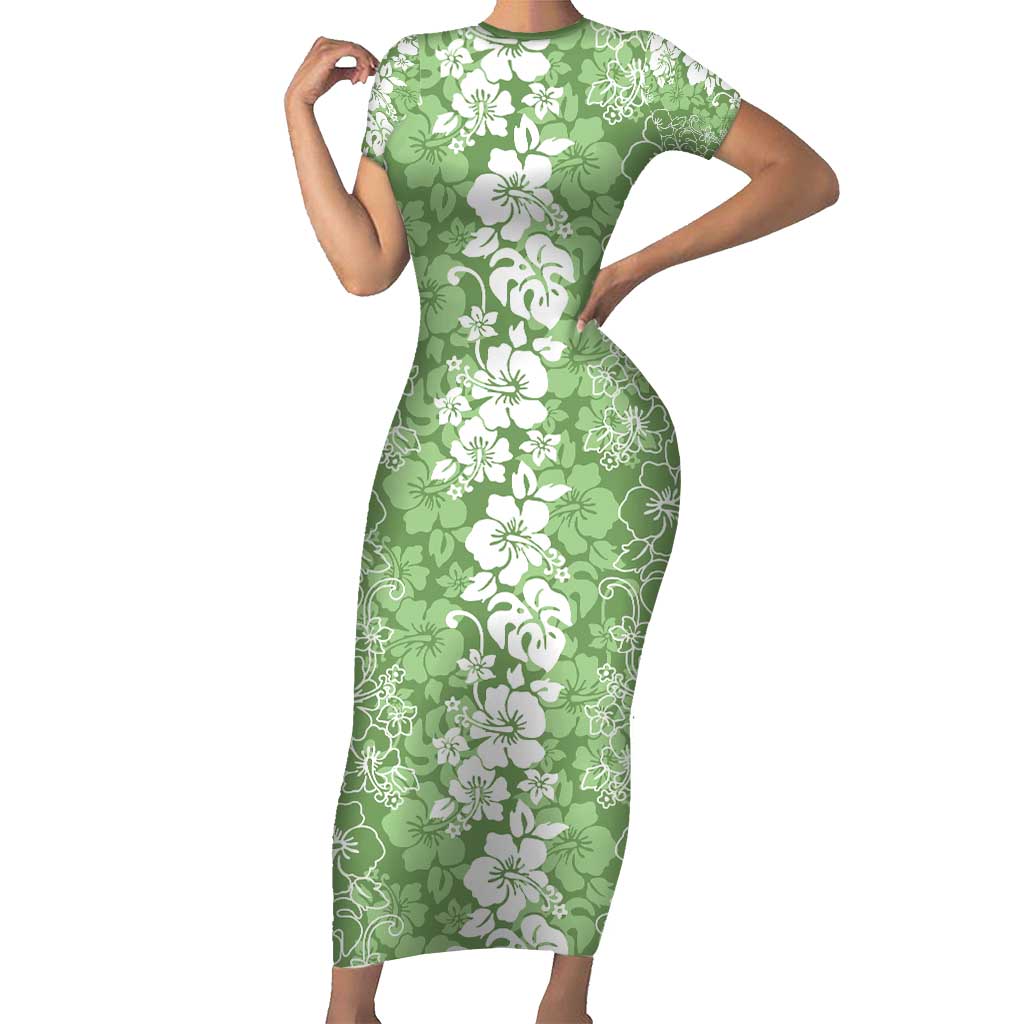 Hawaiian Lei Day Short Sleeve Bodycon Dress Green Hibiscus Flowers Lei Art LT9 Long Dress Green - Polynesian Pride