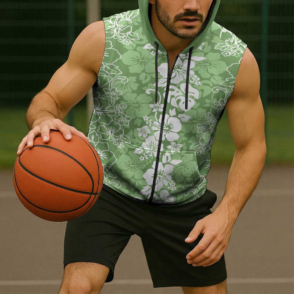Hawaiian Lei Day Sleeveless Zip Hoodie Green Hibiscus Flowers Lei Art LT9 - Polynesian Pride