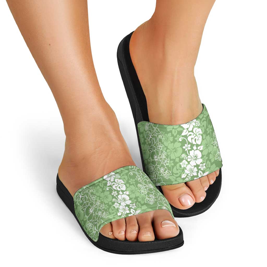 Hawaiian Lei Day Slide Sandals Green Hibiscus Flowers Lei Art - Polynesian Pride