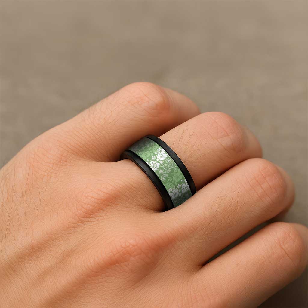 Hawaiian Lei Day Spinner Ring Green Hibiscus Flowers Lei Art - Polynesian Pride
