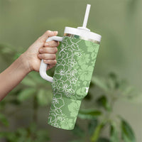 Hawaiian Lei Day Tumbler With Handle Green Hibiscus Flowers Lei Art
