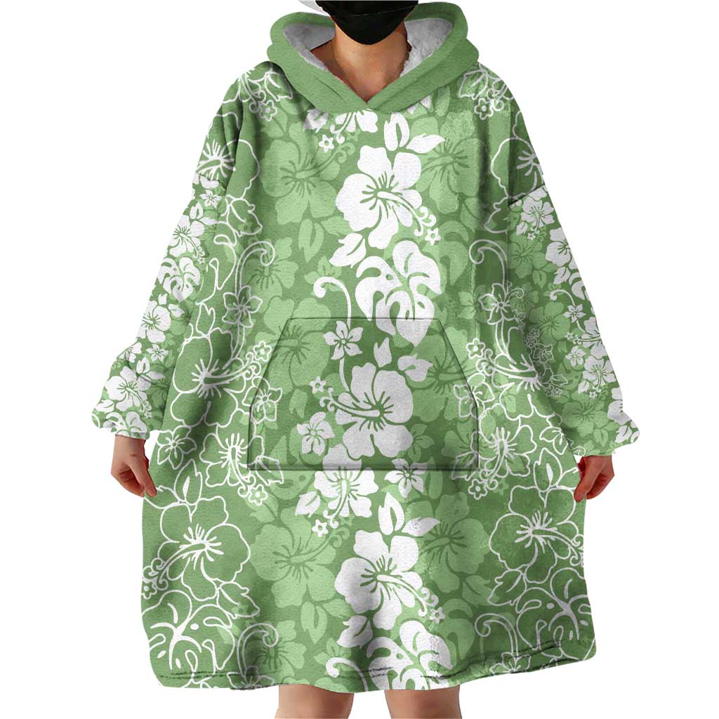 Hawaiian Lei Day Wearable Blanket Hoodie Green Hibiscus Flowers Lei Art LT9 - Polynesian Pride