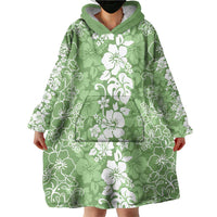Hawaiian Lei Day Wearable Blanket Hoodie Green Hibiscus Flowers Lei Art LT9 - Polynesian Pride