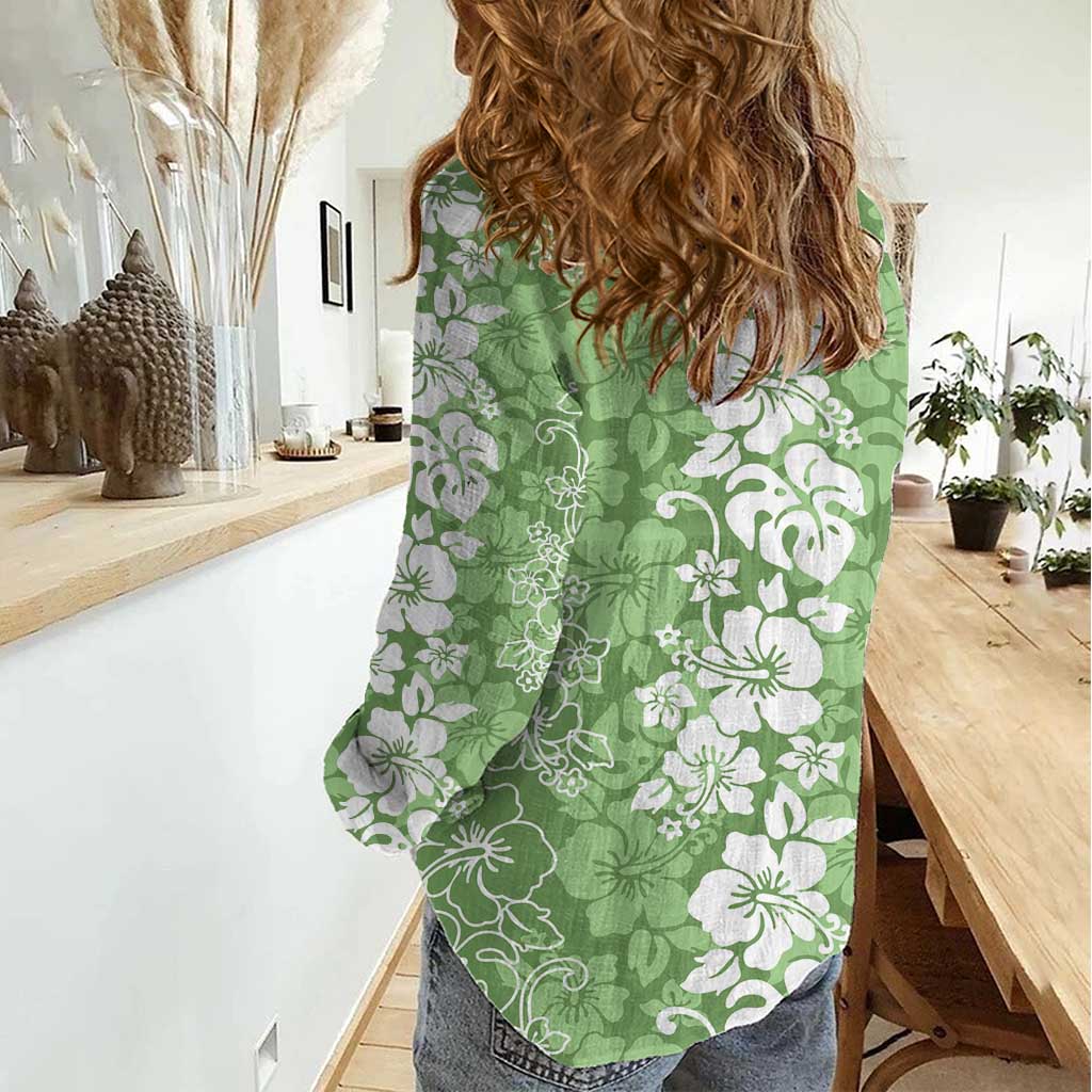 Hawaiian Lei Day Women Casual Shirt Green Hibiscus Flowers Lei Art LT9 - Polynesian Pride