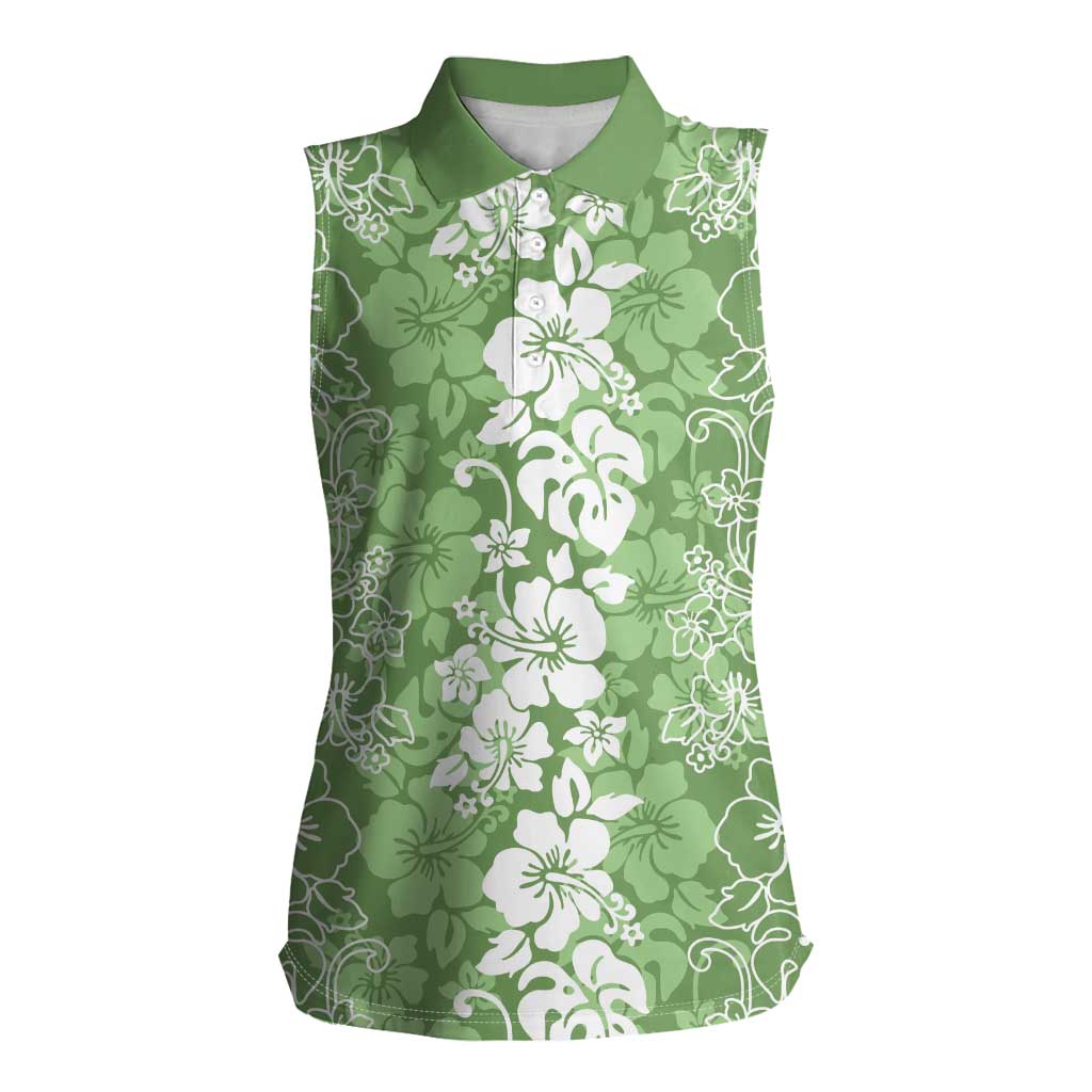 Hawaiian Lei Day Women Sleeveless Polo Shirt Green Hibiscus Flowers Lei Art LT9 Female Green - Polynesian Pride