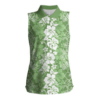 Hawaiian Lei Day Women Sleeveless Polo Shirt Green Hibiscus Flowers Lei Art LT9 Female Green - Polynesian Pride