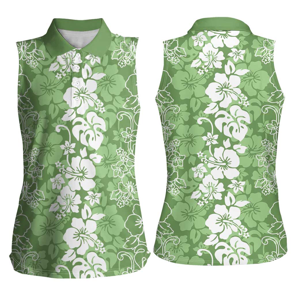 Hawaiian Lei Day Women Sleeveless Polo Shirt Green Hibiscus Flowers Lei Art LT9 - Polynesian Pride
