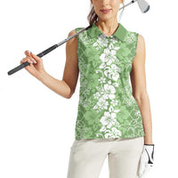 Hawaiian Lei Day Women Sleeveless Polo Shirt Green Hibiscus Flowers Lei Art LT9 - Polynesian Pride