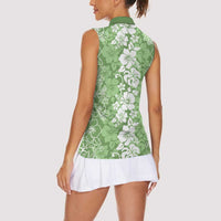 Hawaiian Lei Day Women Sleeveless Polo Shirt Green Hibiscus Flowers Lei Art LT9 - Polynesian Pride