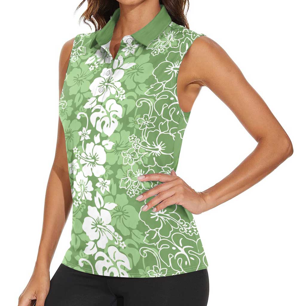 Hawaiian Lei Day Women Sleeveless Polo Shirt Green Hibiscus Flowers Lei Art LT9 - Polynesian Pride